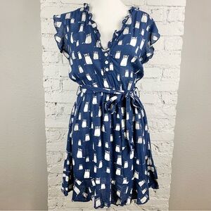 Onze Montreal Navy Blue White Smarty Cat Print Glasses Belted Tie Dress Medium